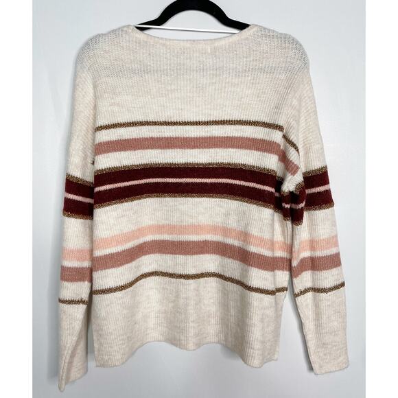 New Skies Are Blue Large L Cream Red Pink Cozy Striped Sweater Round Neck - Picture 2 of 11